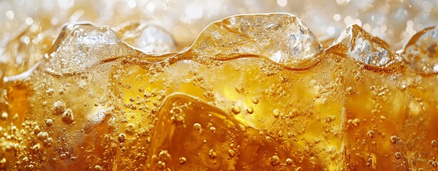 Close-up of a chilled carbonated drink with ice, capturing the crisp texture and golden amber hues. Perfect for summer-themed beverage promotions.