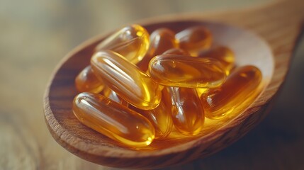 Vitamin capsules in a wooden spoon soft gels Fish oil capsules omega 3 omega 9 vitamin D vitamin E : Generative AI