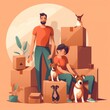 © Ox_art - Young couple with four dogs are moving to new home with boxes and plants. illustration in flat style.