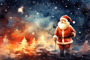 Magical Christmas background with Santa Claus. Fairytale abstract watercolor illustration style. Holiday celebration concept.