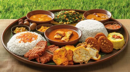 Traditional Balinese Food Platter with Rice, Curries, and Fried Items