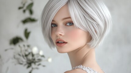 Poster - A young woman with striking silver hair gazes thoughtfully at the camera, surrounded by delicate greenery.