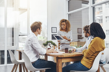 Aufkleber - Business people, collaboration and planning in meeting, tablet and brainstorming with design company. Group, employees and startup with feedback for project, cooperation and professional with review