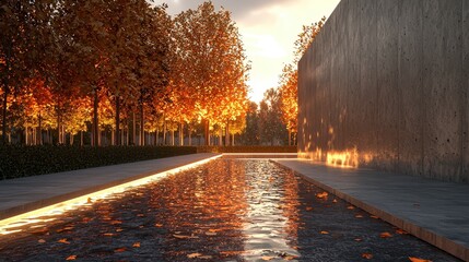 Canvas Print - A long, narrow pool of water reflects the setting sun as it shines through autumn leaves.