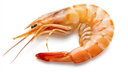 A single, cooked shrimp isolated on a white background.