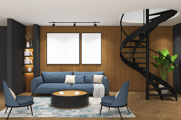 Wall Mural - 3d render of illustration round staircase black color with wood stripes panel backdrop. Wood parquet floor, dark gray wall and white ceiling. Set 30