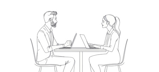 The line art depicts a businesswoman and businessman discussing documents, illustrating a business meeting in a modern style