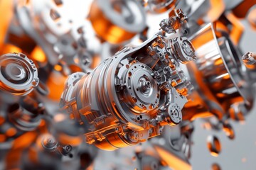 Detailed 3d rendering of car engine with orange light, depicting mechanical engineering concept