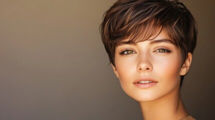 Poster - A young woman with short, stylish hair looks directly at the camera, showcasing her natural beauty and confident expression in soft lighting.