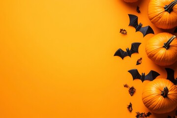 Halloween pumpkins and bats on orange background with copy space with generative ai