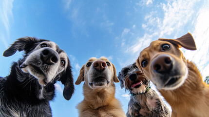 Low-Angle Group Portrait of Curious Dogs Peering Down at the Camera Under a Bright Blue Sky, Emphasizing Playful Expressions and Vibrant Colors in an Outdoor Setting