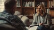 © chutikan - A middle-aged blonde female psychologist sits on a sofa, listening intently to a patient, discussing her own health.