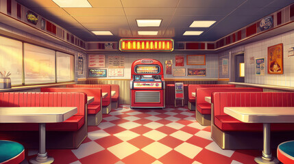 A retro diner with red vinyl booths and a jukebox playing 50s tunes