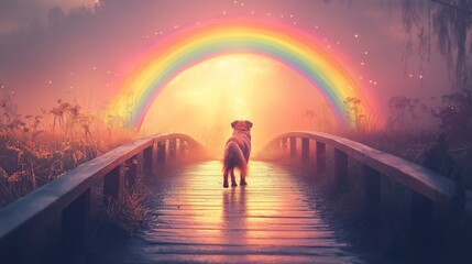 A beloved dog walks over a rainbow bridge during a serene sunset in a peaceful meadow, evoking memories and love. Rainbow Bridge Remembrance Day