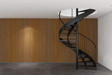 Wall Mural - 3d render of illustration round staircase black color with wood stripes panel backdrop. Gray cement floor, white wall and white ceiling. Set 17