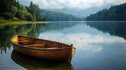 Wall Mural - Wooden rowboat on a calm lake. copy space for text.