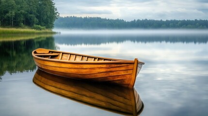 Wooden rowboat on a calm lake. copy space for text.