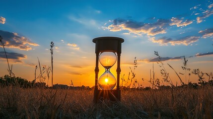 Wall Mural - A silhouette of an hourglass against a sunset sky, time passing into twilight