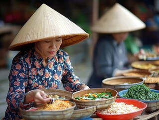 Vietnamese women selling fresh food in traditional street market with iconic conical hats in vietnam