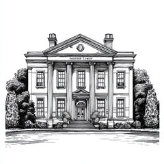 Wall Mural - Black and white Vintage engraved art of a Georgian mansion, isolated on white background, ink sketch illustration, simple vector art design, highly detailed line art, high contrasty 