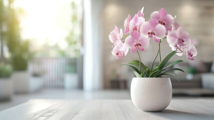 Wall Mural - Pink Orchid Flower in White Pot on a Table