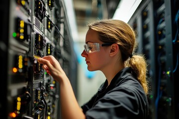 Female technician at work in server room, professional woman working with technology equipment