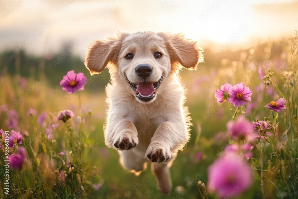 Golden Retriever Puppy Running Through a Field of Flowers Stock Photo ...