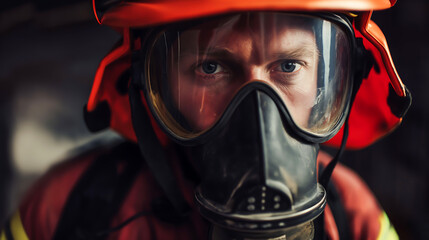 Portrait of firefighter fireman with gas mask and helmet at fire station