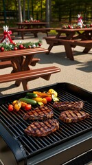 Wall Mural - Grilled steaks and vegetables on a grill with picnic tables in the background.