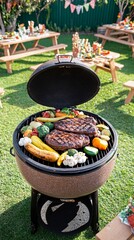 Sticker - Close-up of a grill with two steaks, vegetables, and a closed lid.