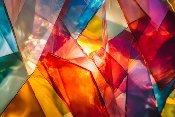 Poster - A captivating image depicting colorful translucent glass pieces illuminated by light, featuring a vibrant and dynamic display of hues creating a visually stunning abstract composition.