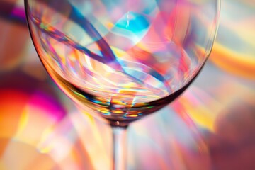 Leinwandbilder - A close-up of a wine glass capturing vibrant light and reflections, creating a stunning and abstract pattern. The light source imbues the image with a warm atmosphere.