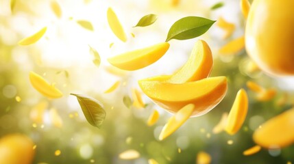 Wall Mural - Flying Mango Slices in a Sunlit Garden