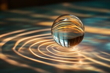 Poster - A singular glass orb rests on a reflective surface, producing concentric rings of light that radiate outward, evoking a sense of tranquility and mesmerizing visual beauty.