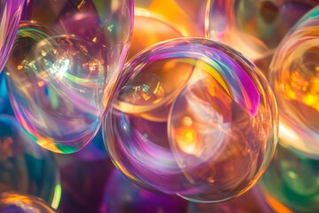 Poster - Brightly colored, overlapping bubbles with vivid reflections create an abstract and mesmerizing image filled with vibrant hues and intricate light patterns.