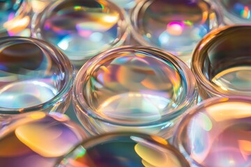Aufkleber - A stunning display of iridescent circles that reflect light in vibrant colors, capturing a mesmerizing play of chromatic hues that enchant the viewer with their brilliant appearance.