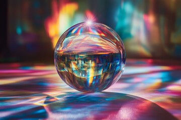 Fototapete - An exquisite glass orb showcases a kaleidoscope of vivid colors and reflections, creating a stunning visual display that catches and disperses light in a mesmerizing pattern.
