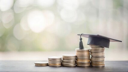 Coins and a graduation cap set against a blurred background, highlighting financial investment in education.
