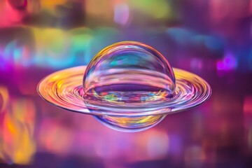 Fototapete - A delicate bubble rests on a colorful surface, surrounded by dazzling reflections and swirling patterns, creating a dreamlike and abstract visual experience that captures the imagination.