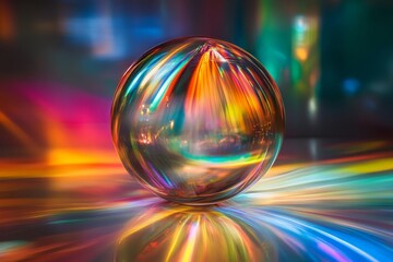 Leinwandbilder - An illuminated glass sphere with vibrant reflections of multicolored light, creating a beautiful interplay of colors and light, producing a captivating visual effect.