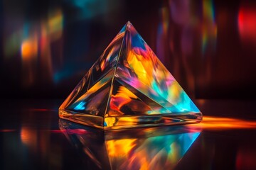 Poster - A stunning depiction of a glassy pyramid with intricate abstract colorful reflections, showcasing an intriguing play of light and geometry, creating a captivating effect.