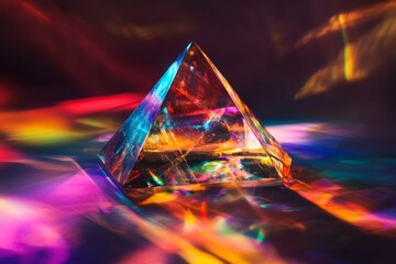 Poster - An artistic representation of a transparent pyramid casting radiant multi-colored lights, highlighting the beauty of light refraction and the elegance of geometric forms.
