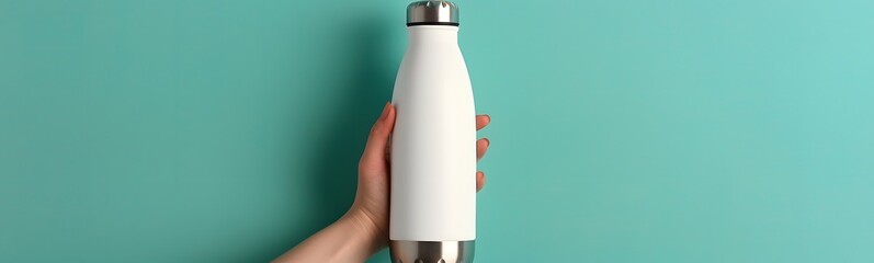 Close-up of female hand holding white reusable steel stainless thermo water bottle isolated on background of cyan, aqua menthe color. Plastic free. 