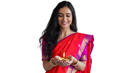 Happy diwali, Indian woman in traditional indian saree, holding a lit Diwali diya in her hands for indian festival diwali