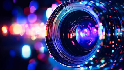abstract video camera lens with colorful lights. concept of digital media production in cinema and t