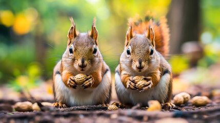 Two squirrels holding peanut looking at camera, woodland on background