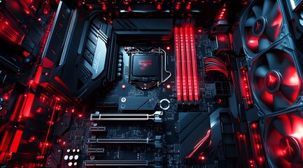 Wall Mural - Close-up of a Red-Lit Computer Motherboard and Components