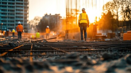 A dynamic construction site with workers in safety vests and hard hats, actively engaged in building a new structure.