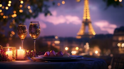 37. A romantic Parisian holiday scene with a candlelit dinner and the Eiffel Tower in the background