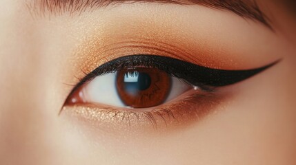 Poster - A woman's eye adorned with striking black eyeliner and shimmering golden-brown eyeshadow highlights her features.